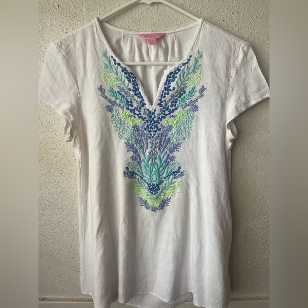 Lilly Pulitzer White Embroidered Top XXS – Boho Floral Tunic Blouse